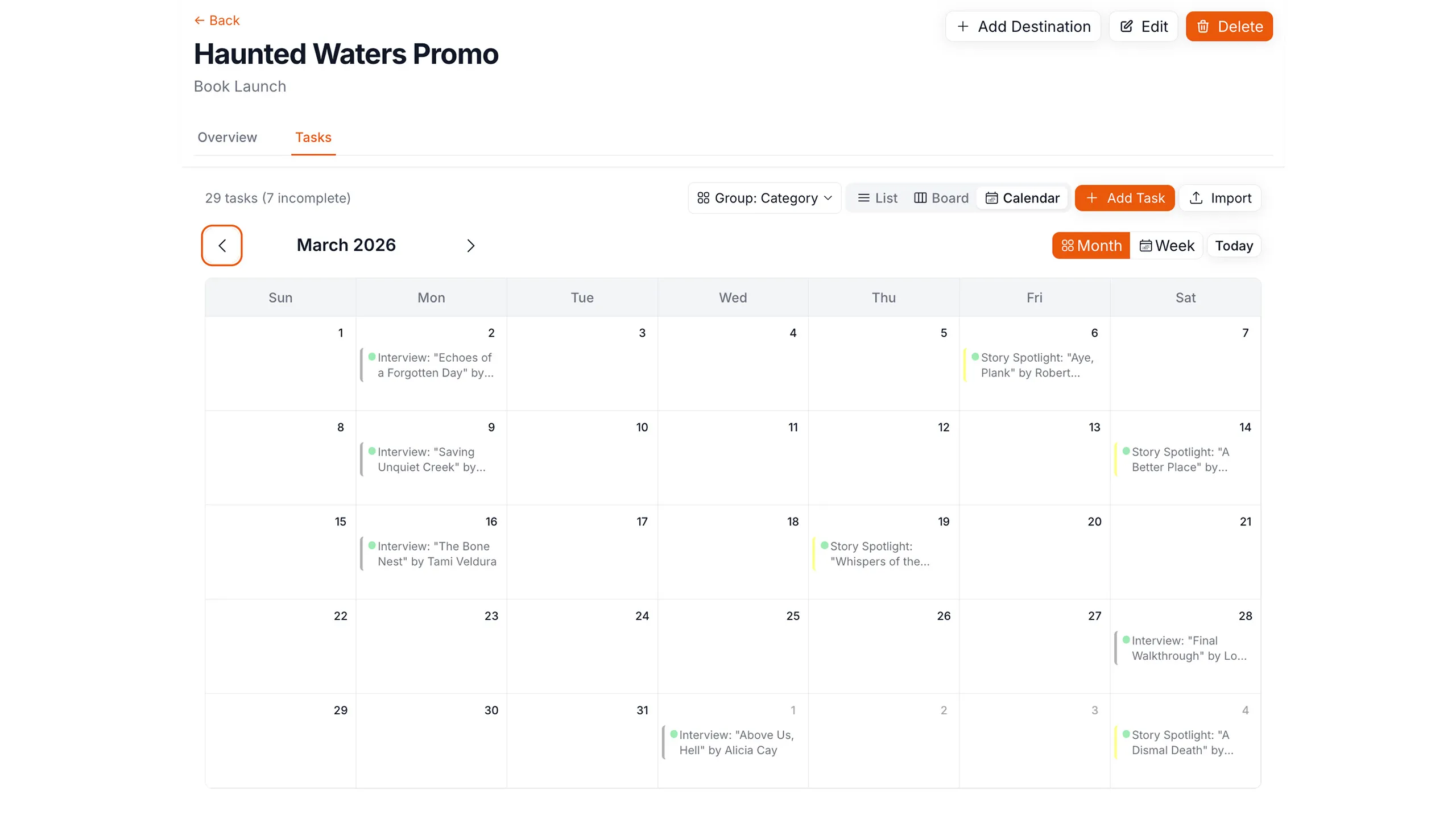 Inkwren project calendar view showing a book launch promotion schedule with interviews and story spotlights